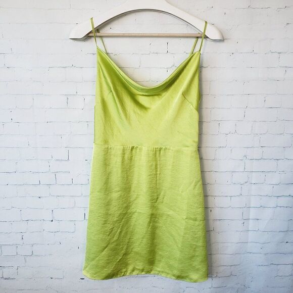 Sunday Best Aritzia Satin Slip Dress Size S Chartreuse Green Draped Neck Mini - Picture 1 of 7